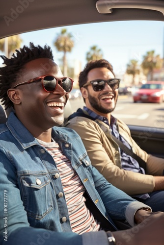 Two men laughing and driving in a car