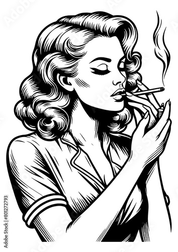 woman in a relaxed pose, smoking a cigarette sketch engraving generative ai fictional character PNG illustration. Scratch board imitation. Black and white image.