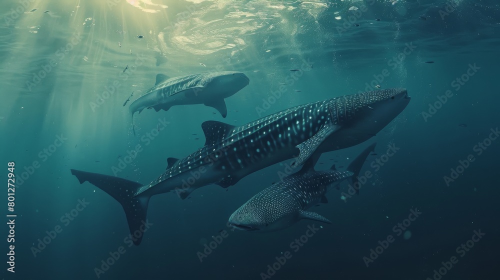 A family of whale sharks swimming in formation, a mother accompanied by her young calves, highlighting the importance of marine protected areas for the conservation of these vulnerable species. A family of whale sharks swimming in formation, a mother accompanied by her young calves, highlighting the importance of marine protected areas for the conservation of these vulnerable species.