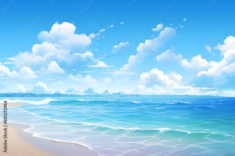 Seashore Serenity, Peaceful Beachscape under Blue Skies. Realistic Beach Landscape. Vector Background
