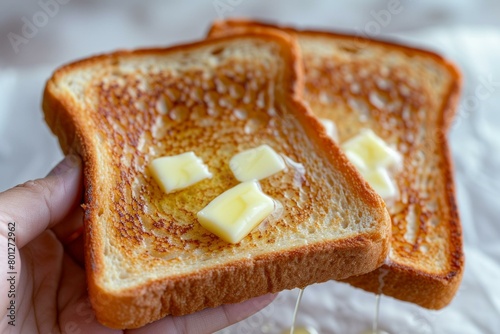 A hand holding two slices of toast with butter.