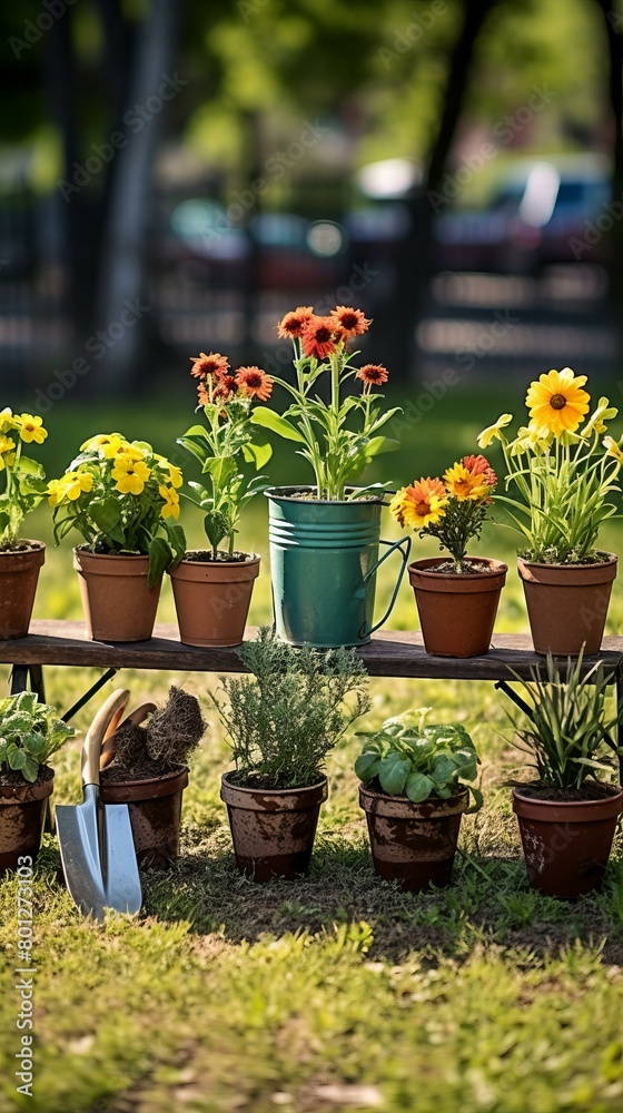 An arrangement of various potted plants and flowers on a wooden bench in an outdoor setting