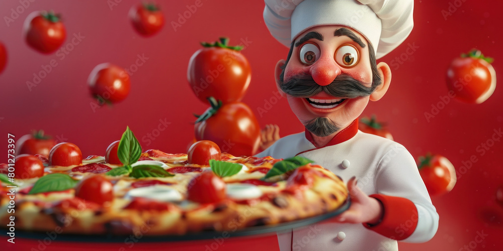 Happy chef presenting delicious homemade pizza with fresh tomatoes and basil leaves on a white plate