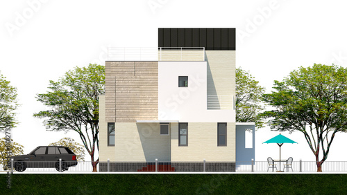 house in the park, Elevation of a modern single-family house, Illustration of the elevation of a two-story single-family house with a stone finish © Daniel