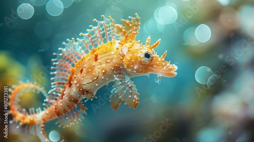 Orange leafy seadragon swimming in the ocean