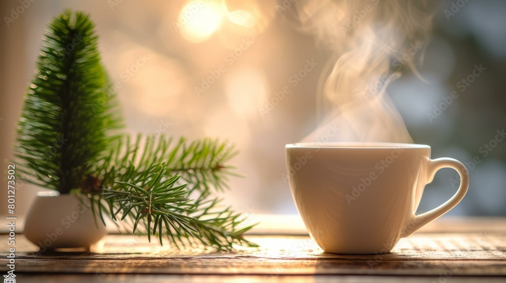A cup of hot tea on a wooden table near a window A cup of hot tea on a wooden table near a window