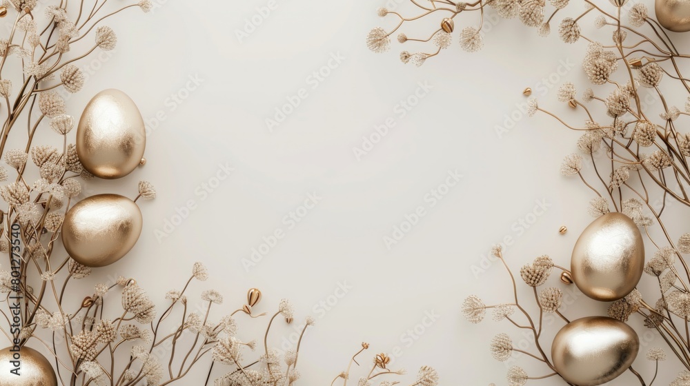 Golden eggs amid delicate floral branches, a serene and luxurious design, AI Generative.