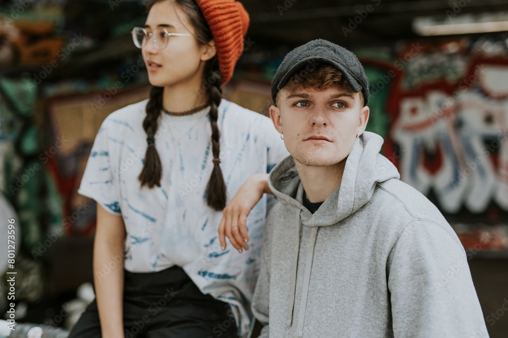 Obraz premium Man in gray hoodie and woman in tied dye tee