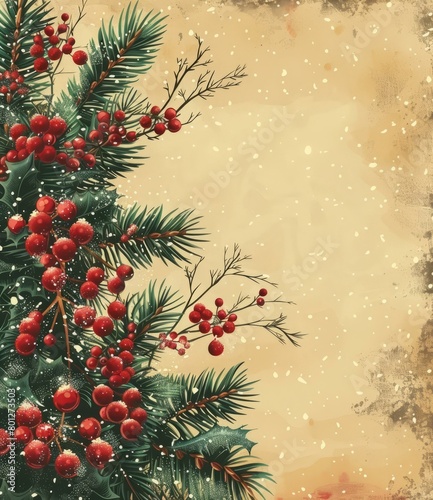 Vintage Christmas background with holly and pine branches