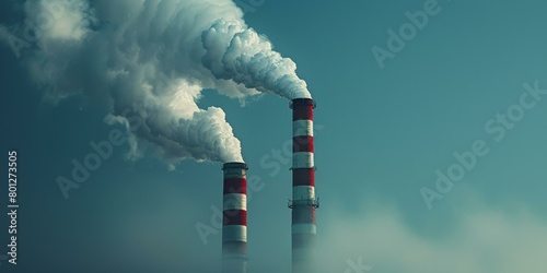 Two industrial factory chimneys billowing white smoke into the sky photo