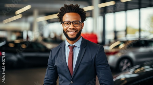Portrait of a young African-American businessman smiling in a car dealership © duyina1990