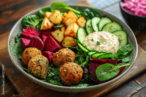Cucumber and spinach salad with beetroot falafel  hummus and roast potatoes