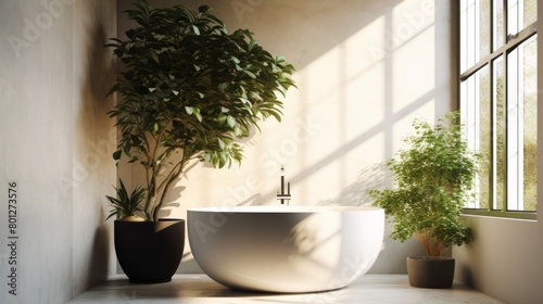 Sunlit bathroom featuring biophilic design elements, modern and serene, AI Generative. © Alisa
