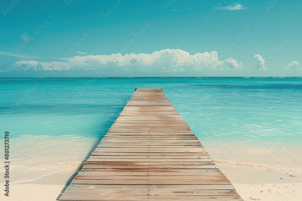 Wooden pier stretching into azure water on beach, merging with horizon