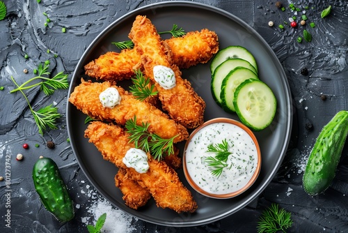Fish sticks with tartar sauce and pickled cucumber slices