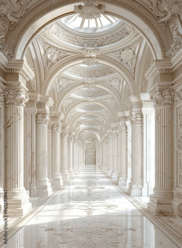 ornate hallway with marble columns and coffered ceiling