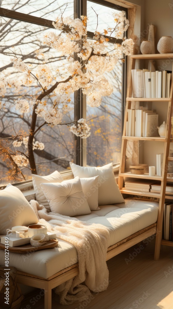 A cozy living room with a large window looking out onto a beautiful cherry blossom tree A cozy living room with a large window looking out onto a beautiful cherry blossom tree