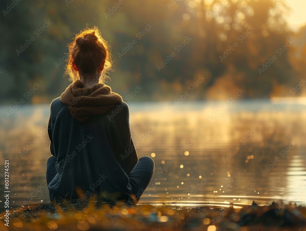 girl sitting on the edge of a lake enjoying the sunset girl sitting on the edge of a lake enjoying the sunset