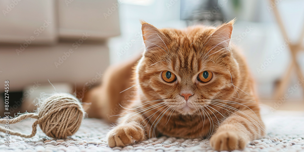Cute fat red cat playing with a sisal toy at home Cute fat red cat playing with a sisal toy at home