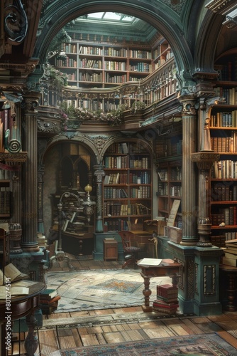 fantasy library with bookshelves and balcony