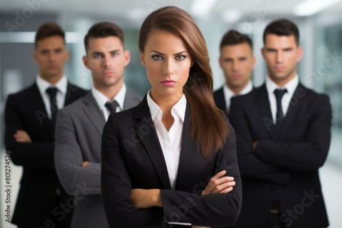 Confident businesswoman with arms crossed standing in front of a group of men in suits