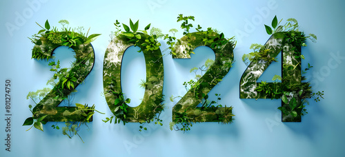 2024, green number, made of moss and leaves, blue background, World environment day ecology care sustainability protection concept