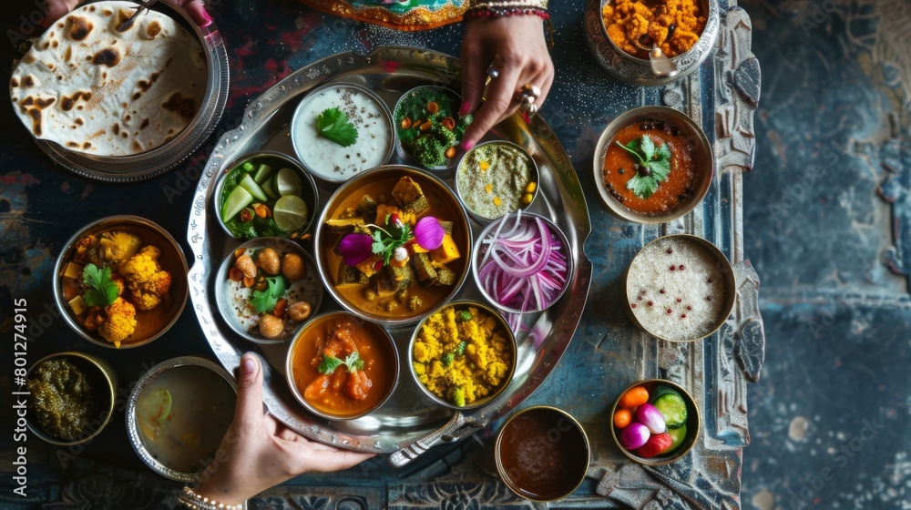 A food blogger capturing the beauty of Indian cuisine with a stunning photo of an intricately arranged thali, inspiring followers to explore the rich flavors of India. A food blogger capturing the beauty of Indian cuisine with a stunning photo of an intricately arranged thali, inspiring followers to explore the rich flavors of India.