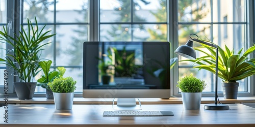 A desk with a computer, keyboard, lamp, and plants on it photo