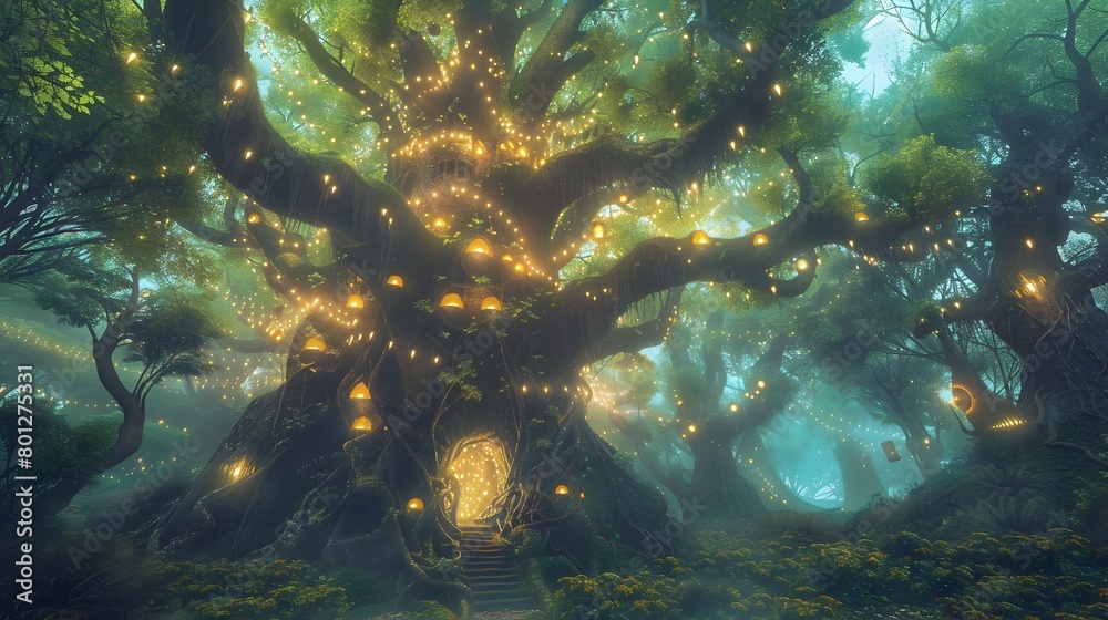 Fototapeta premium Enchanting Bioluminescent Forest Filled with Magical Dwellings and Mythical Creatures