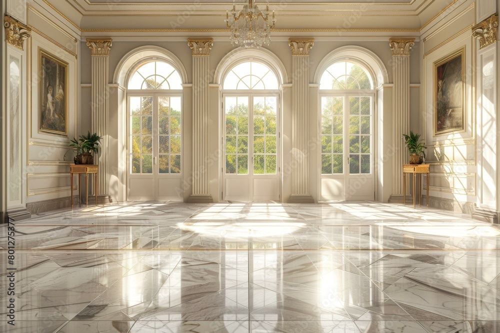 Elegant European style hall with marble floor and big windows