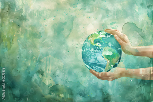 watercolor illustration of two hands holding the Earth, world environment day concept