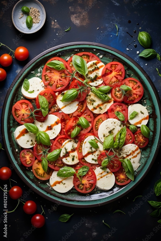 A delicious and healthy salad with fresh tomatoes, mozzarella cheese, and basil.
