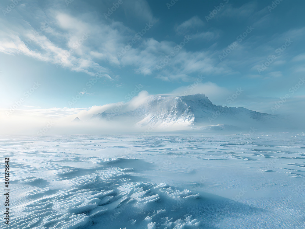 A snow-covered mountain peak looms in the distance, partially obscured by low-hanging clouds. The sky is a clear