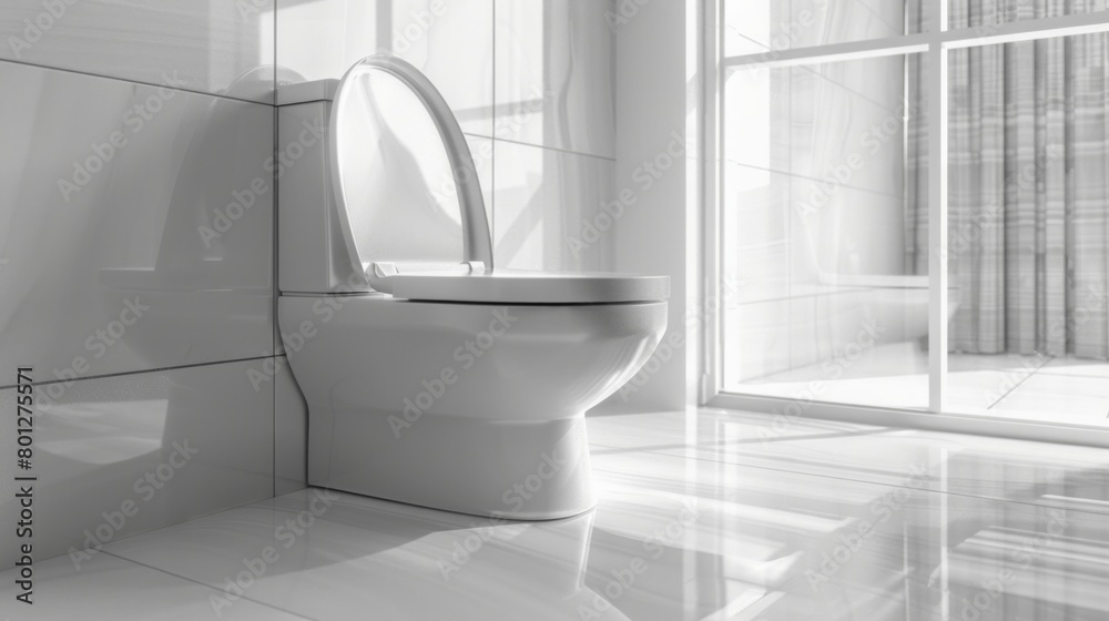 Bright, airy bathroom featuring a stylish toilet near a large window, AI Generative. Bright, airy bathroom featuring a stylish toilet near a large window, AI Generative.