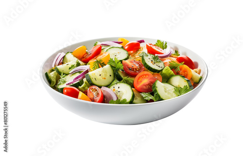 fresh mixed salad mix with tomatoes, cucumbers, feta cheese, red onions and dill in a white bowl on a isolated transparent background. Generative AI