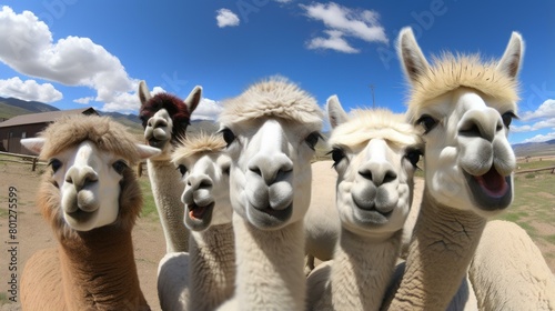 A group of alpacas looking at the camera photo