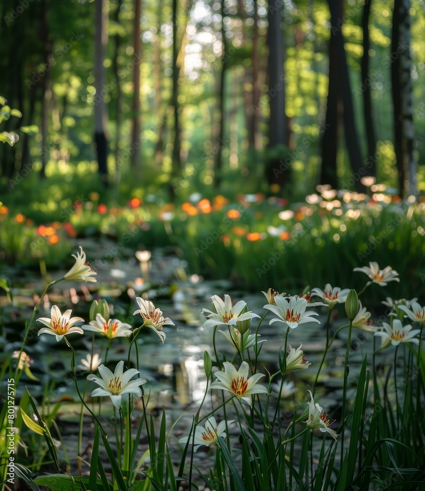Obraz premium Serene Landscape White Flowers Blooming by Tranquil Pond in Lush Green Forest