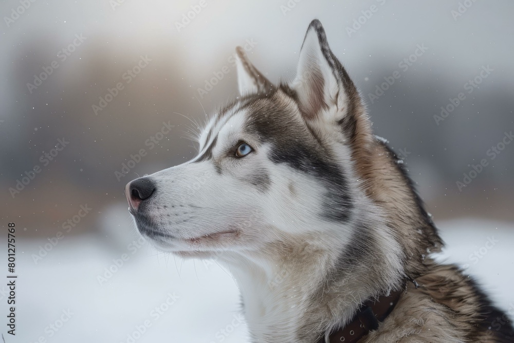 A beautiful Siberian Husky dog looking into the distance with snow falling around it