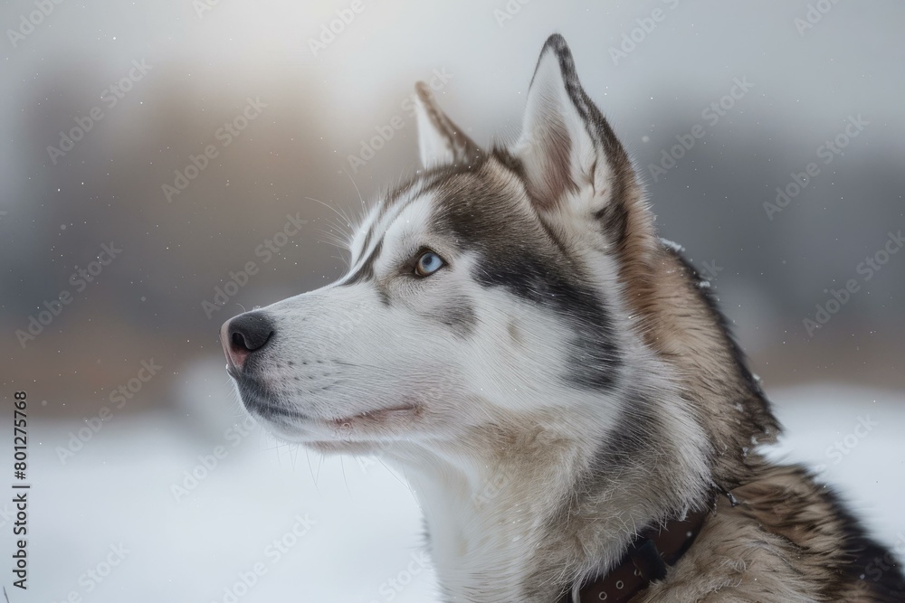 A beautiful Siberian Husky dog looking into the distance with snow falling around it A beautiful Siberian Husky dog looking into the distance with snow falling around it