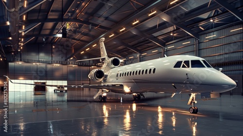Luxurious private jet parked in a high-end hangar, showcasing sophistication and modern aviation technology AI Generative.
