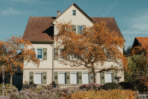 House with nice garden in fall. Flowers in the City Park of Bietigheim-Bissingen, Baden-Wuerttemberg, Germany, Europe. Autumn Park and house, nobody, bush and grenery