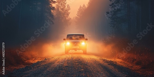 Car driving through a foggy forest at night photo
