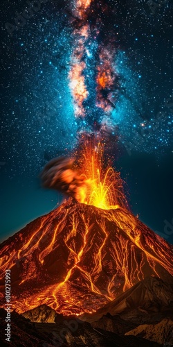 Volcanic eruption under starry night sky