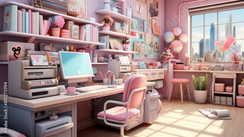 A pink and white home office with a large desk, computer, and lots of storage