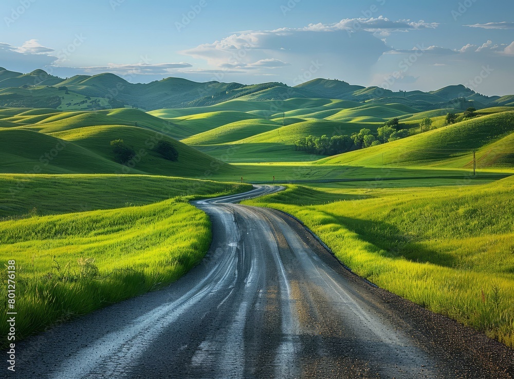 Scenic view of a winding road through green hills