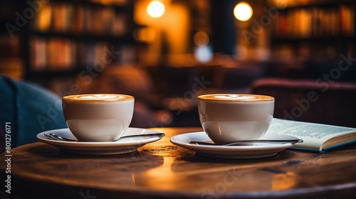 Two cups of coffee on a table in a cafe