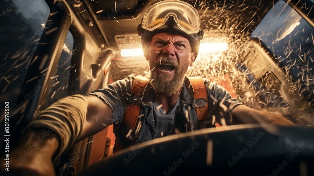 Bearded man driving a vehicle through a debris field Bearded man driving a vehicle through a debris field