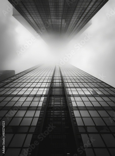 Black and white photo of skyscrapers reflecting each other