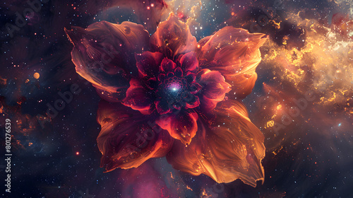 Galactic Blossom: A flower floats gracefully in the cosmic sea, surrounded by stars and nebulae, against a backdrop of infinite blue photo