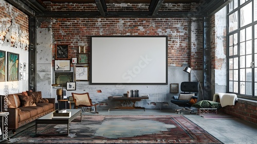 Loft Space with Blank Television Screen and Abstract Art Decor